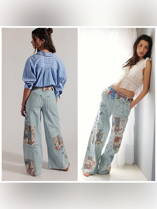 Free People Pants - Free People Runyon Parched Craft Pants Striped Blue Ivory Floral Sz 10 Patchwork